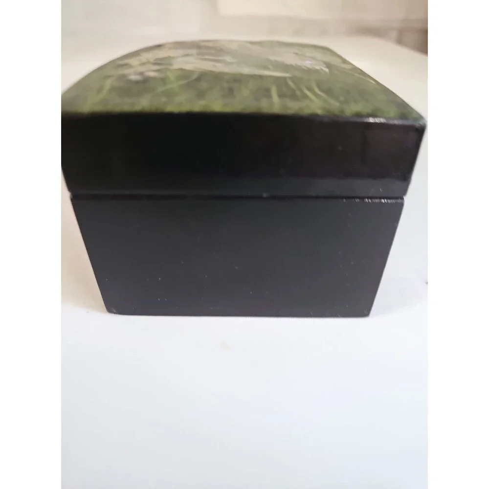 Vintage Korean Mother Of Pearl Lacquer Jewelry Box Peacock and Flower Inlay
